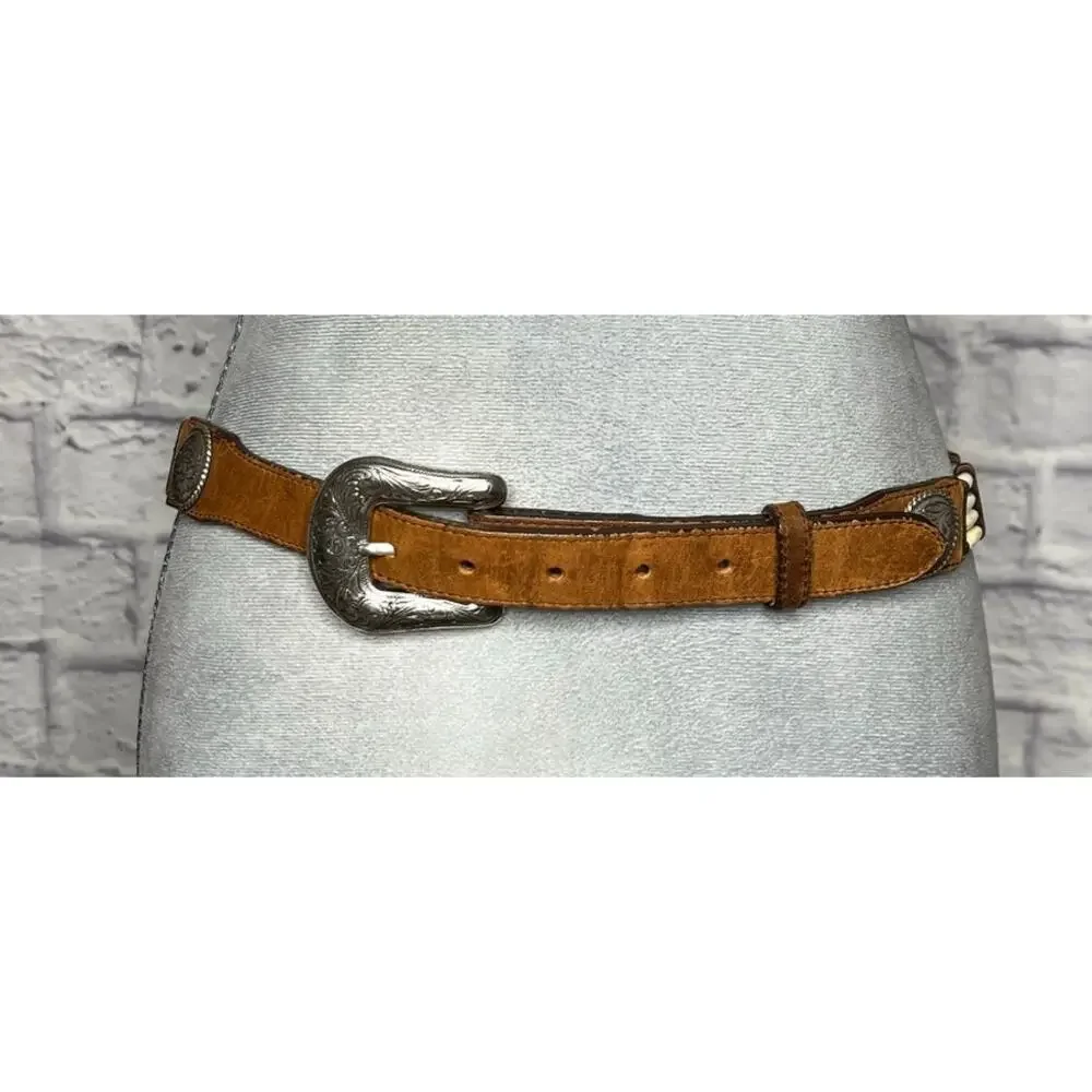 Vintage Tony Lama Western Hair Pipe Bone Bead and Concho Leather Belt